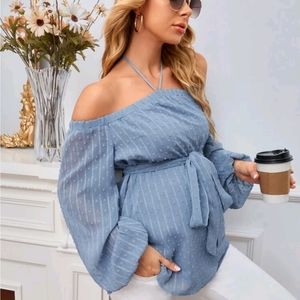 Maternity Swiss Dot Halterneck Belted Blouse